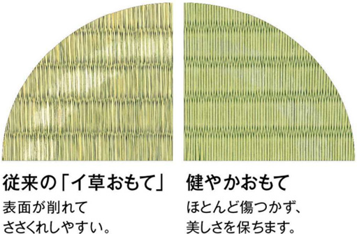 従来のイ草おもて 表面が削れてささくれしやすい 健やかおもて ほとんど傷つかず美しさを保つ